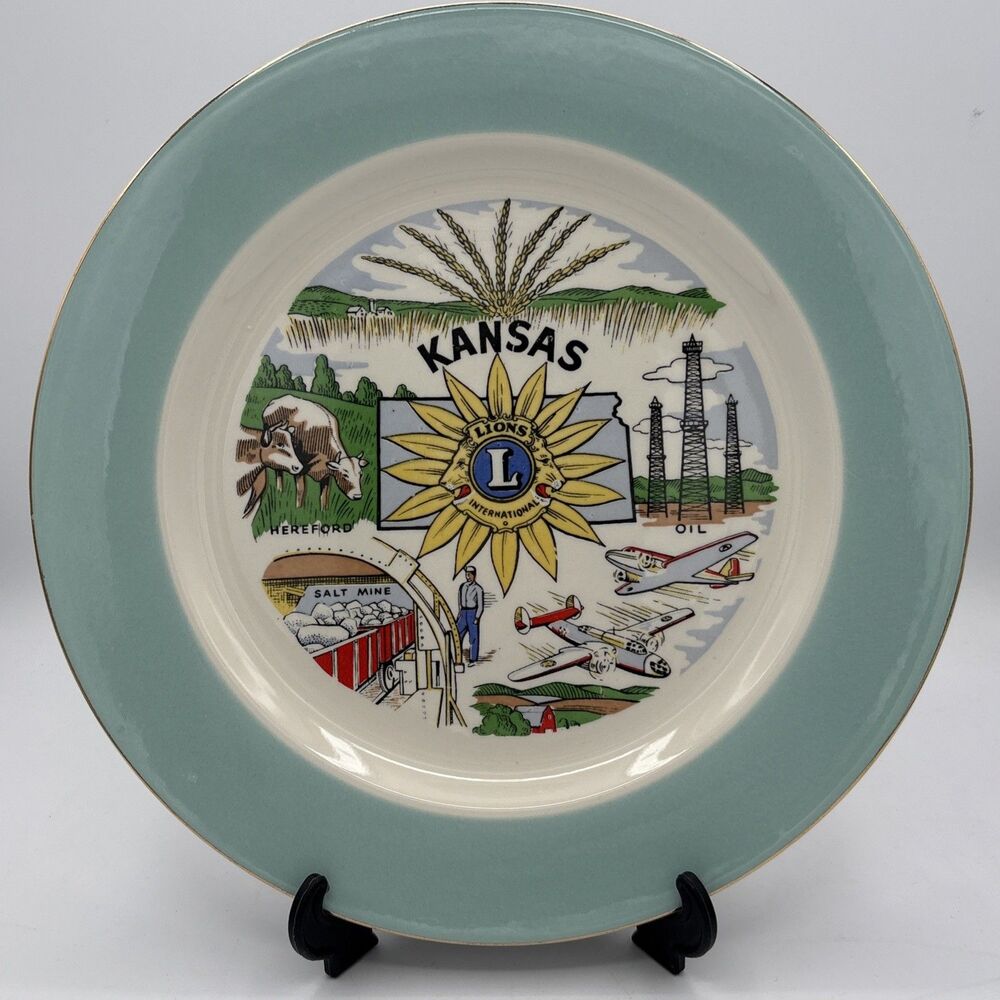 Vtg Kansas Souvenir Plate  10" Lions International RARE Salt Mine Mention